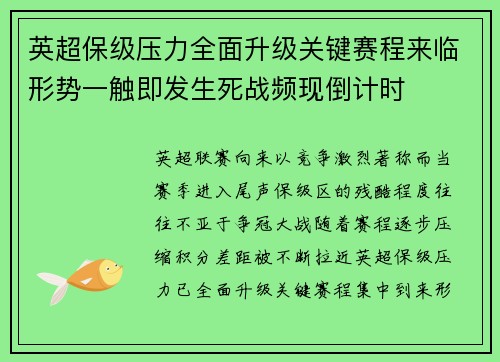 英超保级压力全面升级关键赛程来临形势一触即发生死战频现倒计时 英超保级压力全面升级关键赛程来临形势一触即发生死战频现倒计时