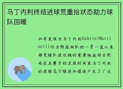 马丁内利终结进球荒重拾状态助力球队回暖 马丁内利终结进球荒重拾状态助力球队回暖