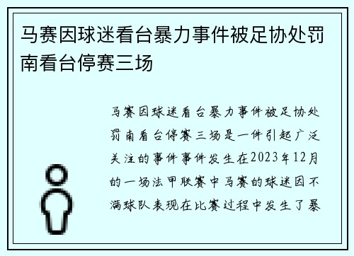 马赛因球迷看台暴力事件被足协处罚南看台停赛三场 马赛因球迷看台暴力事件被足协处罚南看台停赛三场